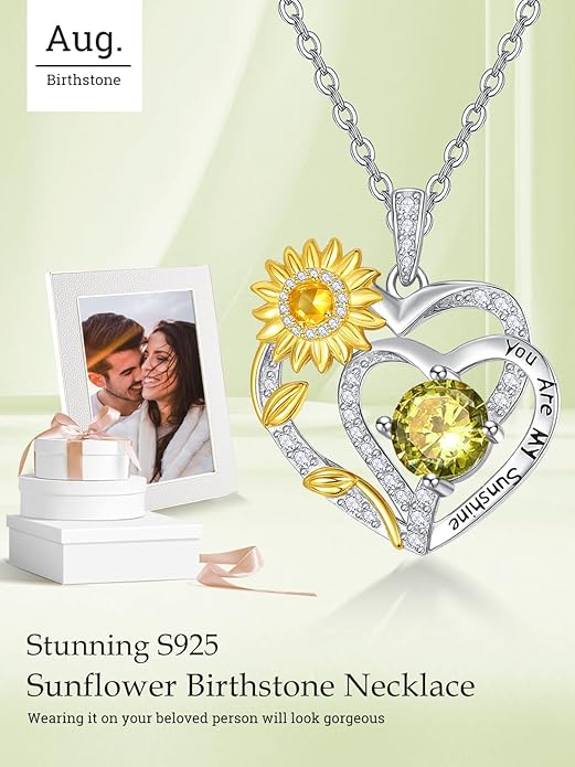 Zeuslia Double Birthstone Necklace Gifts for Wife - 925 Sterling Silver Sunflower/Rose/Crown Cross/Compass/Heart Pendant I Love You Necklace, Anniversary Birthday Gifts for Wife Girlfriend Mom Her