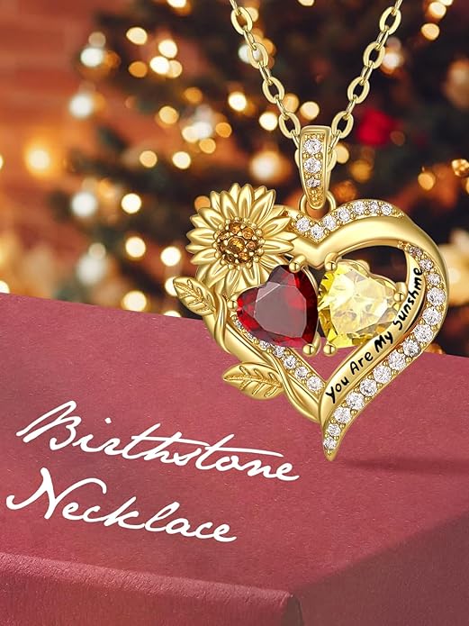 Sunflower Heart Necklace for Women 14K Gold Exquisite Anniversary Birthday Gifts for Wife Mother Her Double Birthstone Pendant jewelry‘You Are My Sunshine’