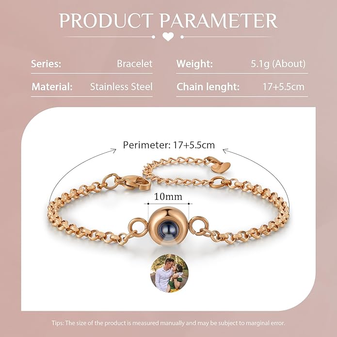 ROSI Personalized Bracelets with Picture Inside, Custom Projection Bracelets with Photos, Picture Bracelet Personalized Photo Gifts, Memorial Gifts for Women Mom Family Couple Girl