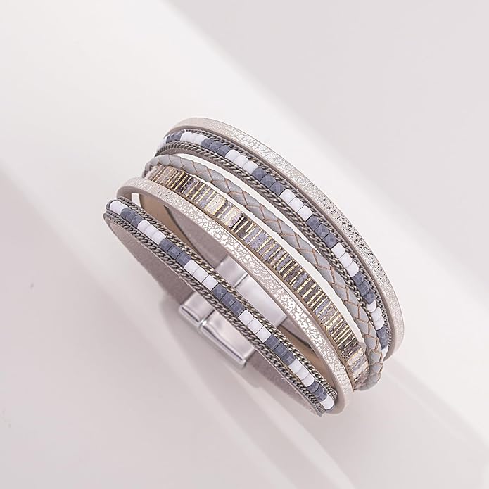 FANCY SHINY Boho Leather Wrap Bracelets Trendy Layered Bracelets with Magnetic Clasp Strackable Bohemian Jewelry Gifts for Women