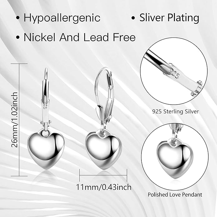 925 Sterling Silver Heart Dangle Earrings for Women Silver Dangle Leverback Earrings Hypoallergenic Love Heart Dangle Drop Earrings for Jewelry Gifts