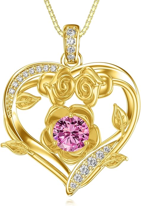 Midari 18K Gold Heart Birthstone Necklace for Women Rose Pendant Birthday Jewelry Gifts for Wife Her Daughter Mom