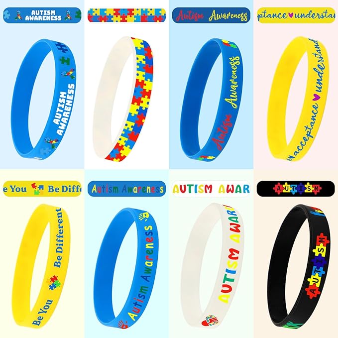 JUNEBRUSHS 64pcs Autism Awareness Wristband Silicone Bracelets Bulk Puzzle Inspirational Rubber Bracelet for Autism Awareness Birthday Decoration Party Favor Gift Supplies