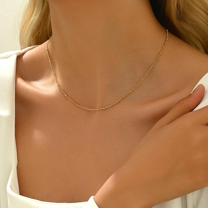 Gold Chain Necklace for Women Dainty 18K Gold Plated Thin Satellite Beaded Turquoise Necklace Simple Gold Boho Jewelry