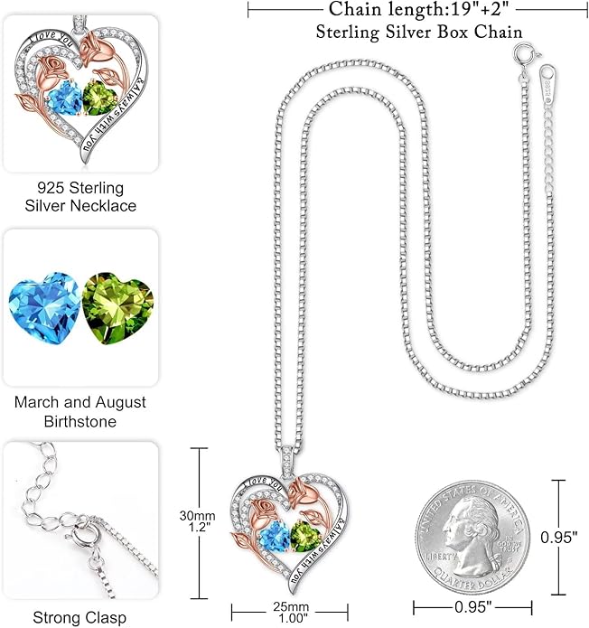 Iefil Birthstone Necklace for Women - 925 Sterling Silver Rose Heart Birthstone Necklace Birthday Anniversary Jewelry Gifts for Her Wife Mom Daughter