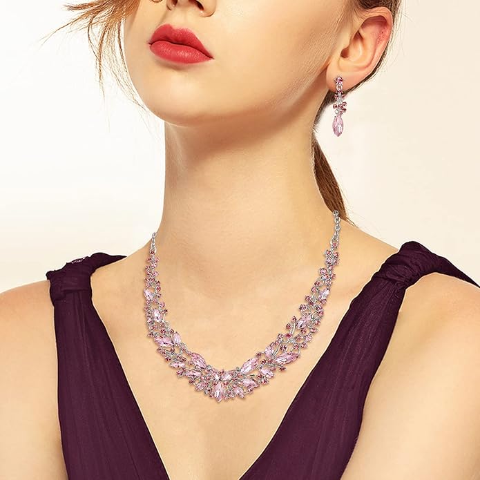 BriLove Women's Wedding Bridal Austrian Crystal Marquise Cluster Collar Necklace Dangle Earrings Set
