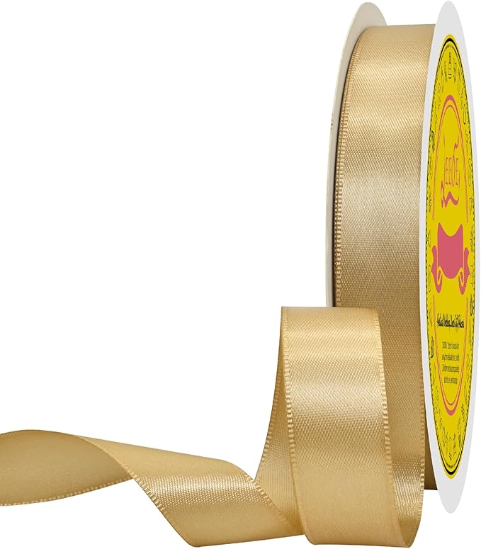 LEEQE Double Face Gold Satin Ribbon 5/8 inch X 50 Yards Polyester Gold Ribbon for Gift Wrapping Very Suitable for Weddings Party Hair Bow Invitation Decorations and More