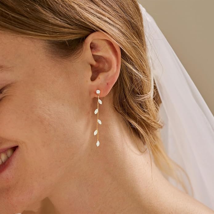 Gold Earrings for Women,Dainty 14k Gold Plated Pearl Drop Earring Dangle Pearl Dangling Earrings for Women Trendy Small Cute Wedding CZ Earring Long Chain Threader Prom Jewelry Gifts