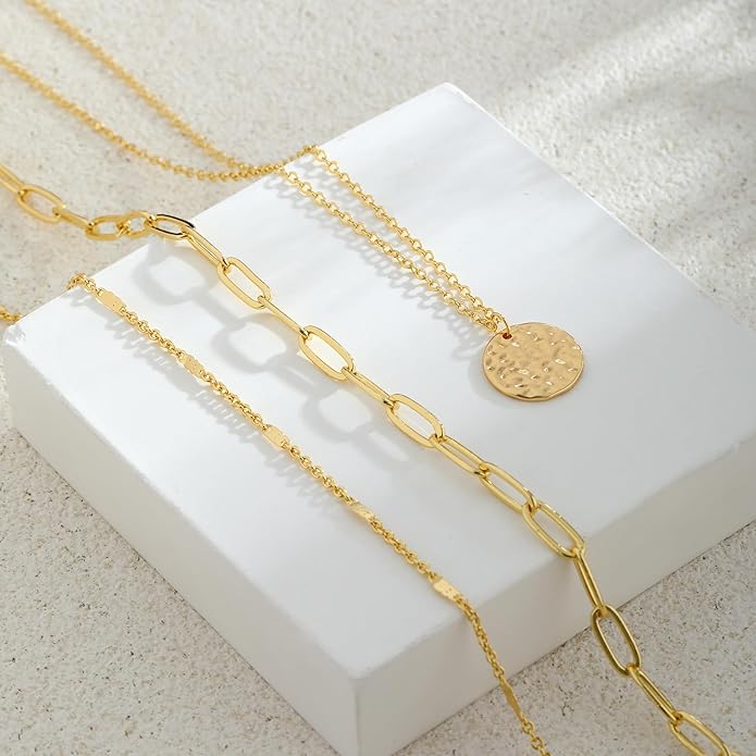 JECOMY Layered Gold Necklace for Women, 14K Gold Plated Necklace Stack for Women, Dainty Adjustable Gold Necklace Set