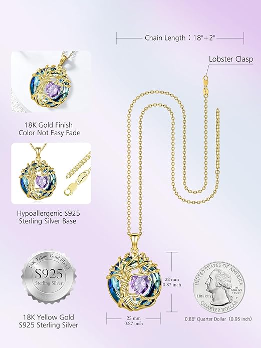 TOUPOP Christmas Gifts Tree of Life Birthstone Necklace 925 Sterling Silver Pendant Austrian Crystal Jewelry Anniversary Birthday Gifts for Women Mom Her Wife