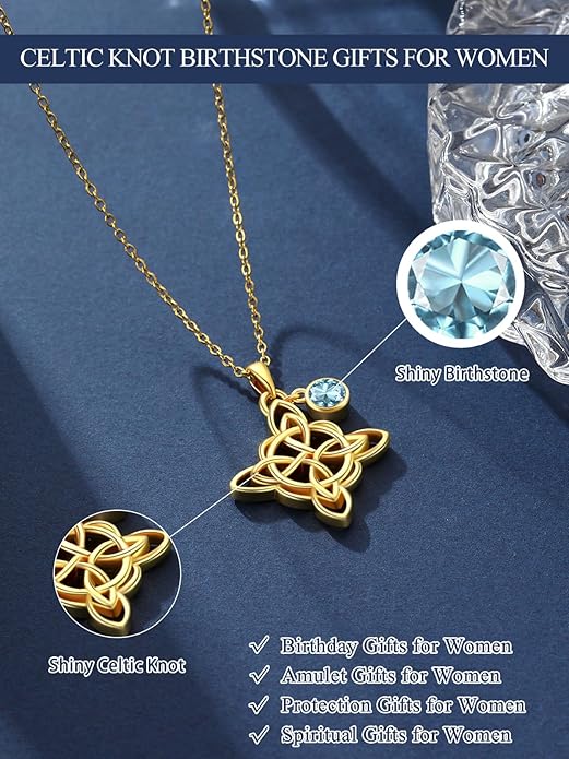 Witches Knot Necklace for Women, 14K Gold Celtic Knot Cross Jewelry with Triquetra Trinity with Birthstone Pendant, Birthday Witchy Spiritual Gifts for Her Wife Mom Grandma, 18+2 Inch Chain