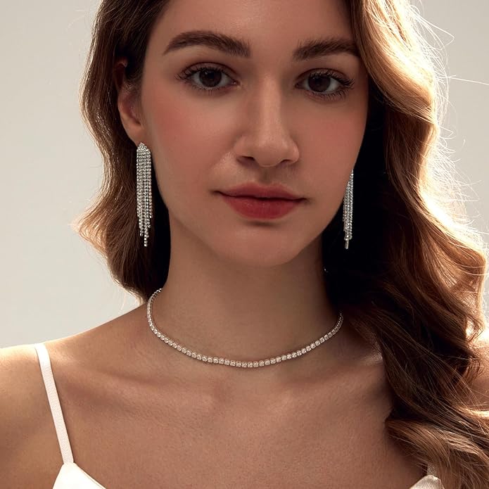 Tennis Necklace Bracelet for Women, Sterling Sliver, Dainty Chocker Necklace, Crystal Bracelet for Women, Wedding Jewelry for Bride, Sparkly Party Prom Hypoallergenic