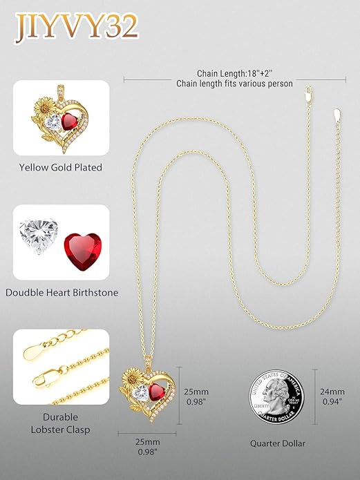 Sunflower Heart Necklace for Women 14K Gold Exquisite Anniversary Birthday Gifts for Wife Mother Her Double Birthstone Pendant jewelry‘You Are My Sunshine’