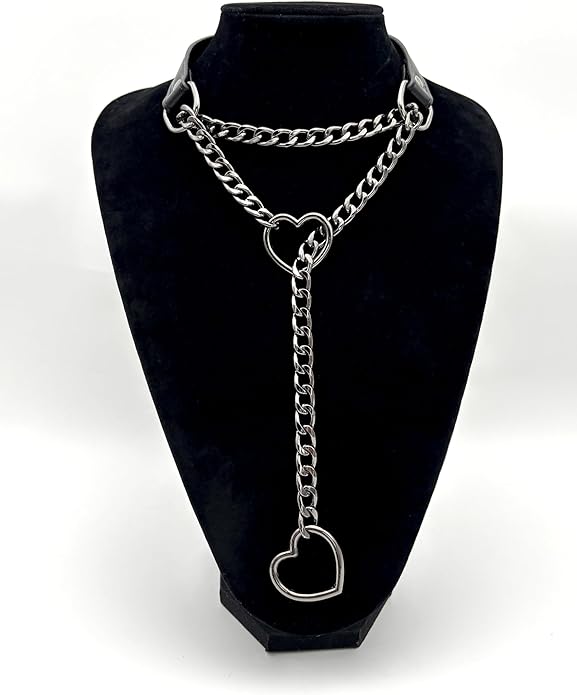 Black Leather Choker Collar For Women, Handmade Heart Slip Chain Choker Long Necklace with Adjustable Buckle