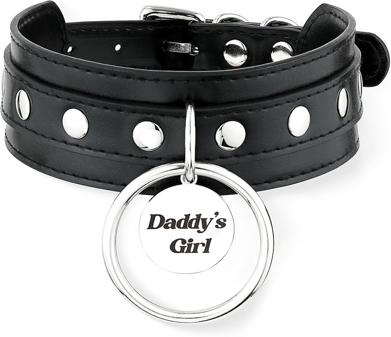 Black O-ring Leather Choker Collar for Women, Gothic Punk Style Adjustable Choker Necklace with Rivets and Engraved Letters Steel Tag