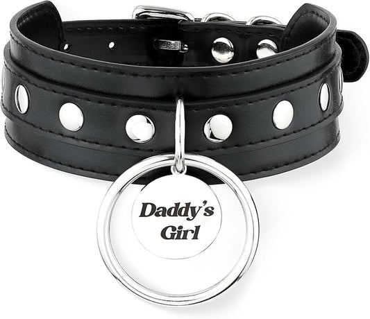 Black O-ring Leather Choker Collar for Women, Gothic Punk Style Adjustable Choker Necklace with Rivets and Engraved Letters Steel Tag