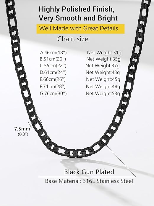 PROSTEEL 316L Stainless Steel Figaro Cuban Chain Necklace for Men, Black/18K Real Gold Plated, 4/5/6/7.5/9/10/13mm, 14inch-30inch, Come with Box