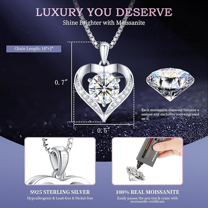 Moissanite Heart Necklaces for Women, 18K White Gold Plated 925 Sterling Silver 1-3CT Moissanite Pendant Jewelry Wedding Anniversary Birthday Christmas Gifts for Wife Mom Girlfriend Sister Grandma