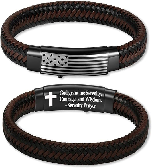 American Flag Leather Bracelet for Men Bible Verse Bracelets Cross Bracelet Christian Jewelry Gift for Men