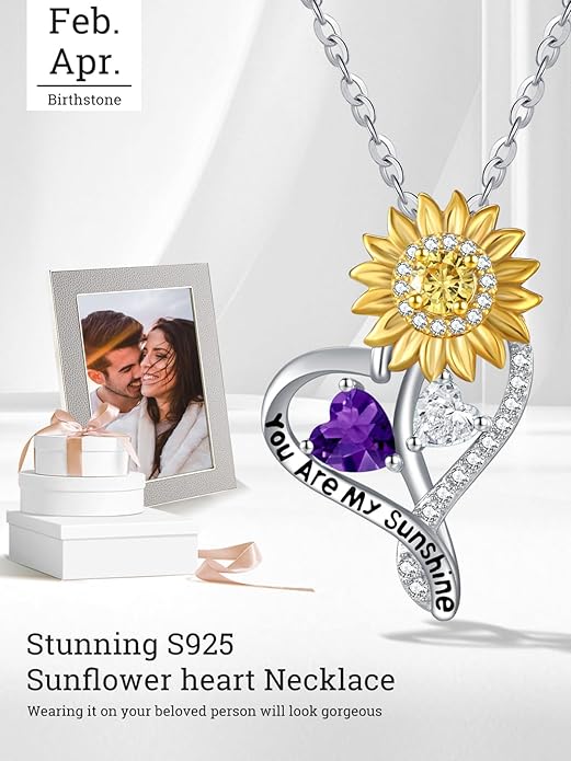 Zeuslia Double Birthstone Necklace Gifts for Wife - 925 Sterling Silver Sunflower/Rose/Crown Cross/Compass/Heart Pendant I Love You Necklace, Anniversary Birthday Gifts for Wife Girlfriend Mom Her