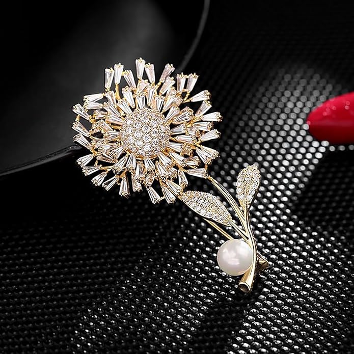 14K Gold Women Trendy Gold Brooch Accessory with Moissanite and Pearl, Decoration Sunflower Pin for Summer Fashion, Womens Brooches and Pins