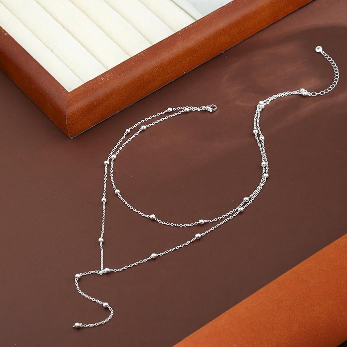 Lariat Gold Necklaces for Women Trendy Dainty Long Necklace 14k Gold Plated/Silver Layered Drop Beaded Chain Necklaces Y-shaped Pendant Necklace Simple Gold Jewelry Gifts