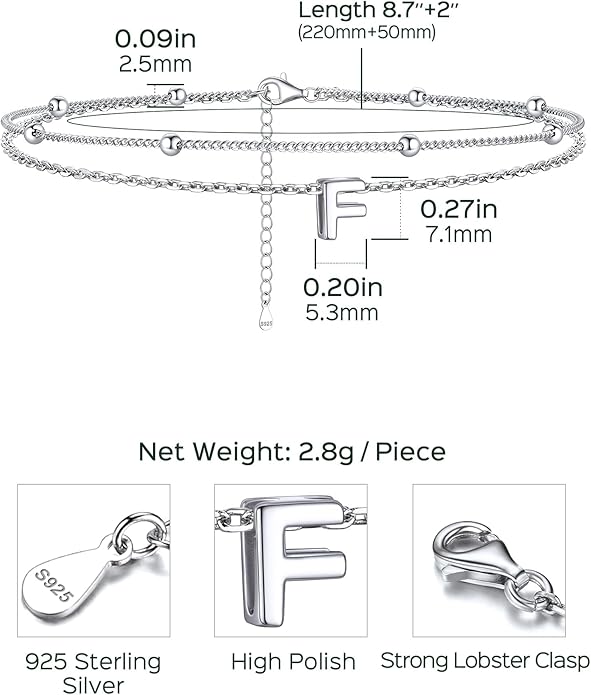 ChicSilver Ankle Bracelets for Women Waterproof, 925 Sterling Silver Initial Anklets for Women, Adjustable Dainty Layered Anklet Beach Jewelry for Women Mom Wife Friend