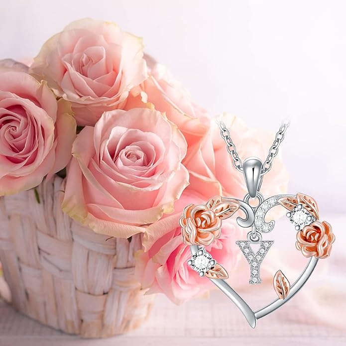 AOBOCO Rose Heart Necklaces Valentines Gifts for Women, 925 Sterling Silver Rose Love Heart Initial Letter Pendant Necklace Jewelry Mothers Day Christmas Birthday Gifts for Her Mom Wife Girlfriend