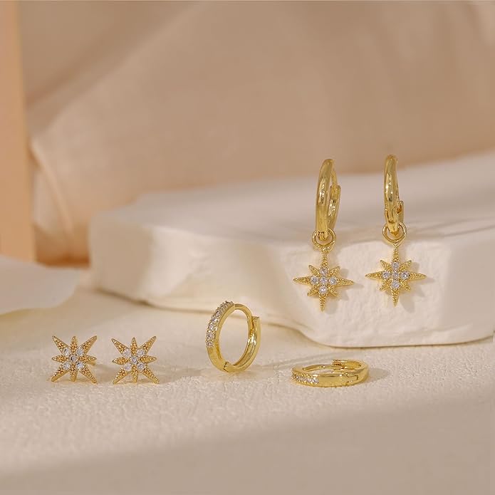 Gold Plated Earrings for Women, 14k Gold Plated Earring Stack Hypoallergenic Pearl Drop Earring Dainty Earrings for Women Trendy Cute Small Huggie Hoop Earring Fashion Womens Jewelry
