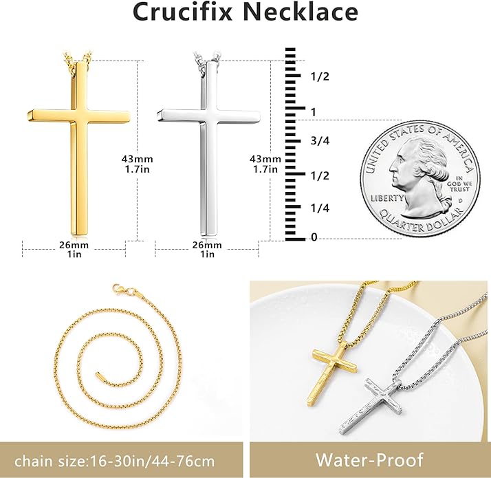Romass 2 Pcs Cross Necklace for Men Boys,Stainless Steel Pendant Silver Black Gold Crosses Chain Jewelry Gifts Box 16-30 inches