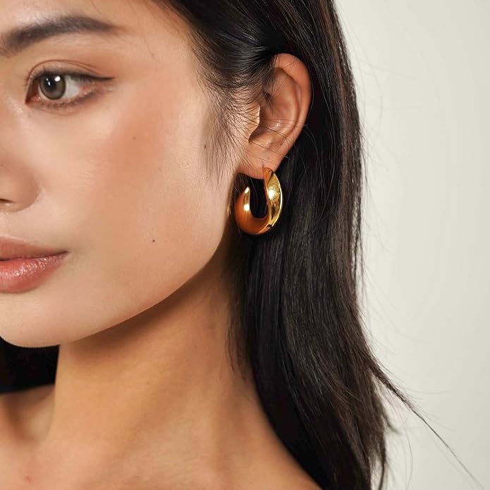 8YEARS Chunky Gold Hoop Earring for Women, 18K Gold Plated Lightweight Thick Hoops, Hypoallergenic Trendy Jewelry for Gift