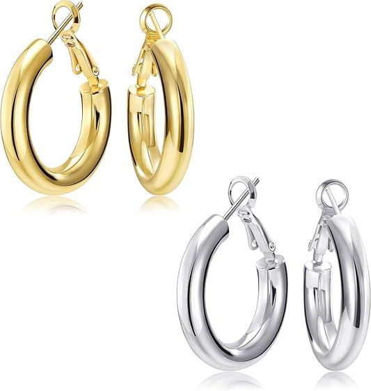 SHOWNII Chunky Gold Hoop Earrings - 14K Gold Plated Earrings for Women Hollow Tube Thick Hoops Graduation Gifts for Her