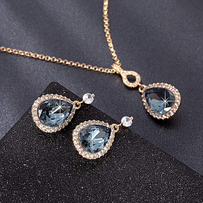 Austrian Crystals Teardrop Pendant Necklace Earrings for Women 14K Gold Plated Hypoallergenic Jewelry Set