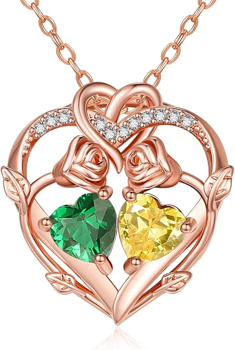 Rose Gold Necklaces for Women Double Birthstone Rose Flower Heart Pendant Necklace Jewelry Anniversary Christmas Valentine's Mother's Day Birthday Gift for Wife Mom Her Girlfriend Sister