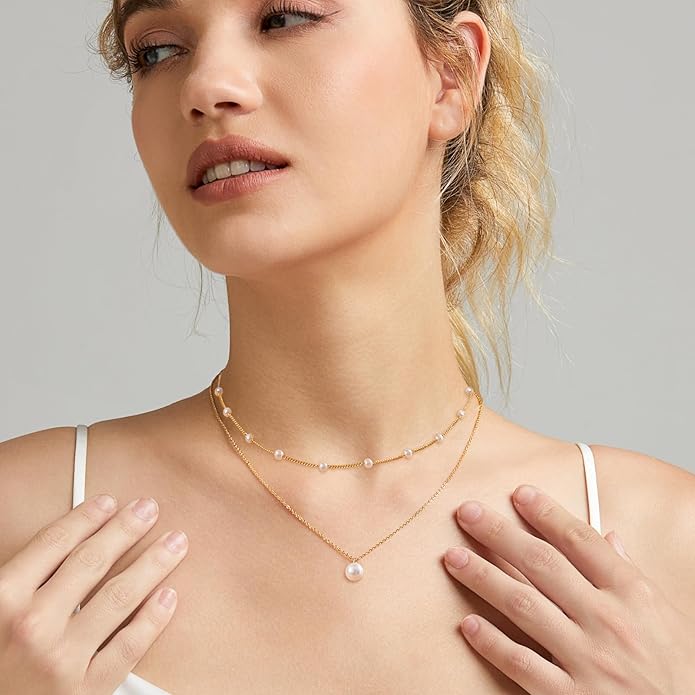 Gold Jewelry Set for Women - Dainty 14K Gold/Silver Plated Pearl Choker Necklace, Drop Earrings & Bracelets - Wedding Trendy Pearl Jewelry Gift