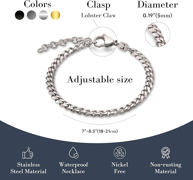 Galis Mens Bracelet - Cuban Link or Box Chain Layered Chain For Men - Premium Stainless Steel, Gift for him, Gold, Silver, Black Bracelet For Men 7-8" Size, 3-5mm Thick