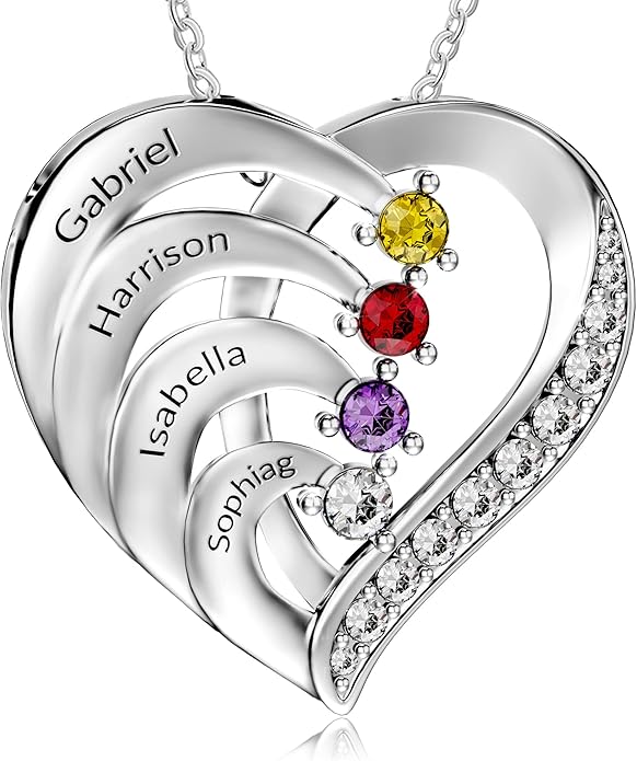 Easycosy Custom Name Necklace with Simulated Birthstones Customized Promise Necklace Heart Pendant with Engraved 2-6 Names - Anniversary Birthday Christmas Jewelry Gifts for Women Wife Mom Grandma