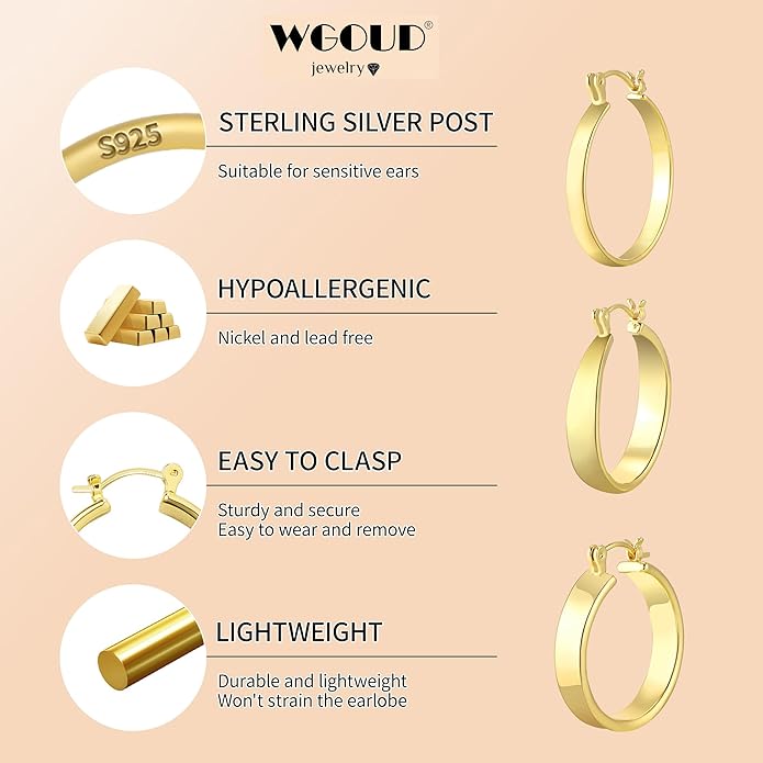 WGOUD 3 Pairs 925 Sterling Silver Post Hoop Earrings Hypoallergenic 14K Gold Plated Lightweight Hoop Earrings for Women Medium Silver Hoops Earring for Women 24/26mm