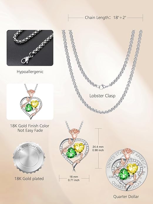 Christmas Gifts for Women Rose Heart Birthstone Pendant Necklace I Love You Forever Jewelry Valentine Mothers Day Birthday Gifts for Women Her Wife Girlfriend