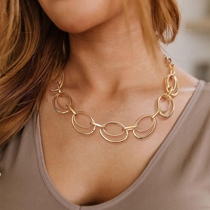 Chunky Gold Necklace for Women: 14k Gold Plated Loop Chain Link Statement Choker Necklace for Women - Chunky Fashion Pendant Jewelry