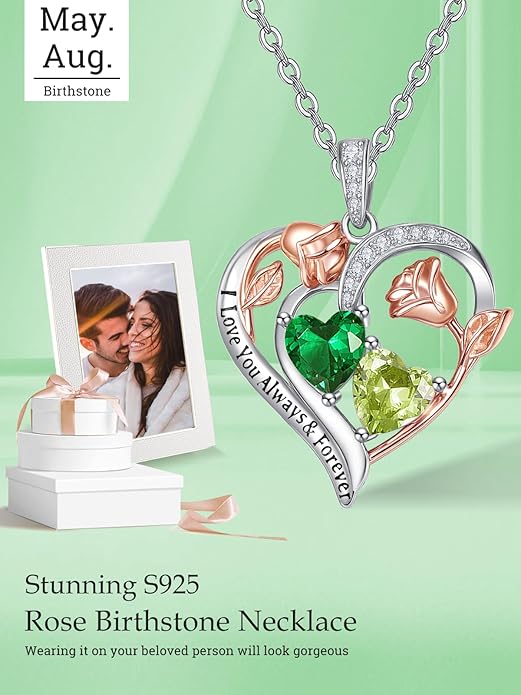 Zeuslia Double Birthstone Necklace Gifts for Wife - 925 Sterling Silver Sunflower/Rose/Crown Cross/Compass/Heart Pendant I Love You Necklace, Anniversary Birthday Gifts for Wife Girlfriend Mom Her