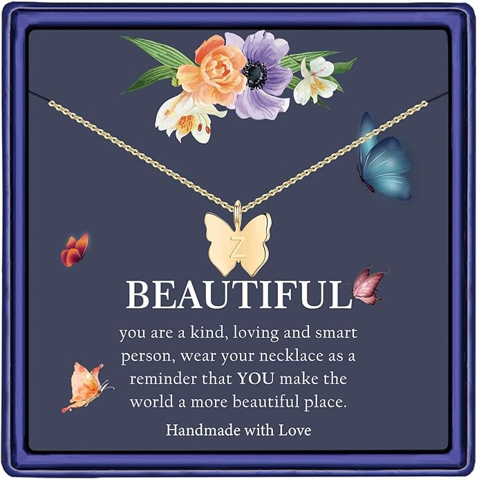 Hidepoo Initial Butterfly Necklace for Girls Gifts, 14K Gold/Silver/Rose Gold Filled Dainty Butterfly Pendant Choker Necklace Initial Butterfly Necklace Birthday Gifts for Girls