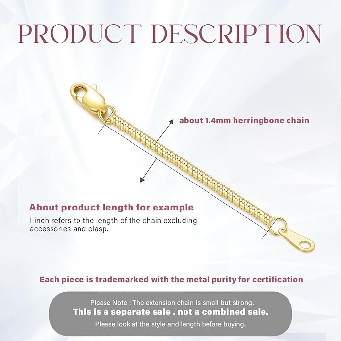 14k Gold Necklace & Bracelet Extender Chain, 1"/1.5"/2"/3"/4"/5" Durable Removable Gold Extension Chain