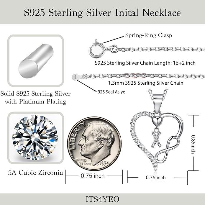 Valentines Day Gifts for Women Hers, Dainty 925 Sterling Silver Infinity Heart Initial Necklace, Letter A-Z Zircon Pendant, Jewelry Gift for Wife