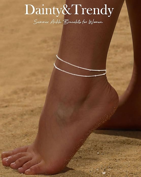 FUNEIA Gold Silver Ankle Bracelets for Women Waterproof 14K Gold Plated Anklets for Women Non Tarnish Dainty Layered Beaded Heart Anklet Set Summer Beach Foot Chain Jewelry Gifts Trendy Stuff