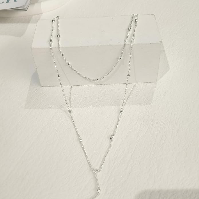 Gold Necklace for Women Trendy Lariat Y Necklace Dainty 14k Gold Plated/Silver Long Necklaces for Women Layered Beaded Drop Necklaces Simple Y-Shaped Chain Jewelry Gifts