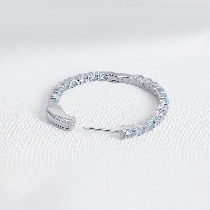Hoop Earrings with 40 Colored Gemstones, Birthstone Earrings, 925 Sterling Silver Rhodium Plated, Push Back Closure, 1.18'