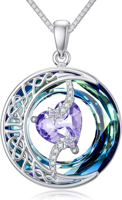 TOUPOP Christmas Gifts Birthstone Necklace 925 Sterling Silver Moon and Star Pendant with Blue Crystal Celtic Moon Jewelry Birthday Gifts for Women Mom Wife Her Daughter