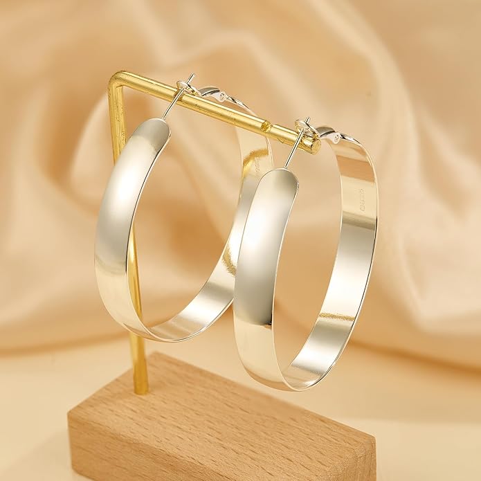EXGOX 5mm Wide Gold Hoop Earrings for Women,Sterling Silver Hoop Earrings Large Silver Hoop Earrings Hypoallergenic Lightweight 14K Real Gold Plated Big Hoop Earrings for Women 30/40/50/60/70mm