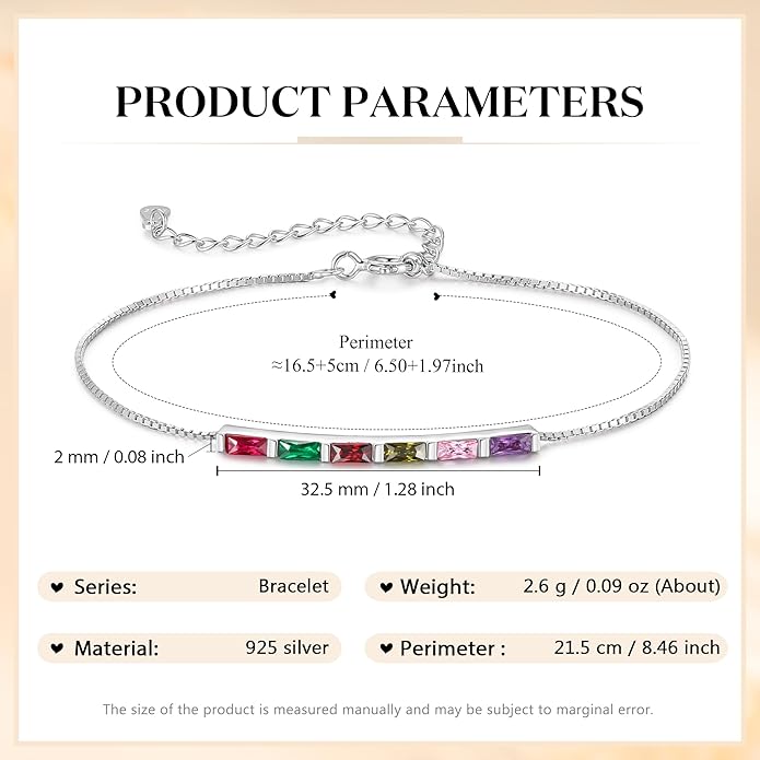 925 Sterling Silver Personalized Mom Birthstone Bracelets for Women — Custom Adjustable Dainty Jewelry for Mother’s Day, Birthday, Christmas Gifts for Mom Grandma Wife